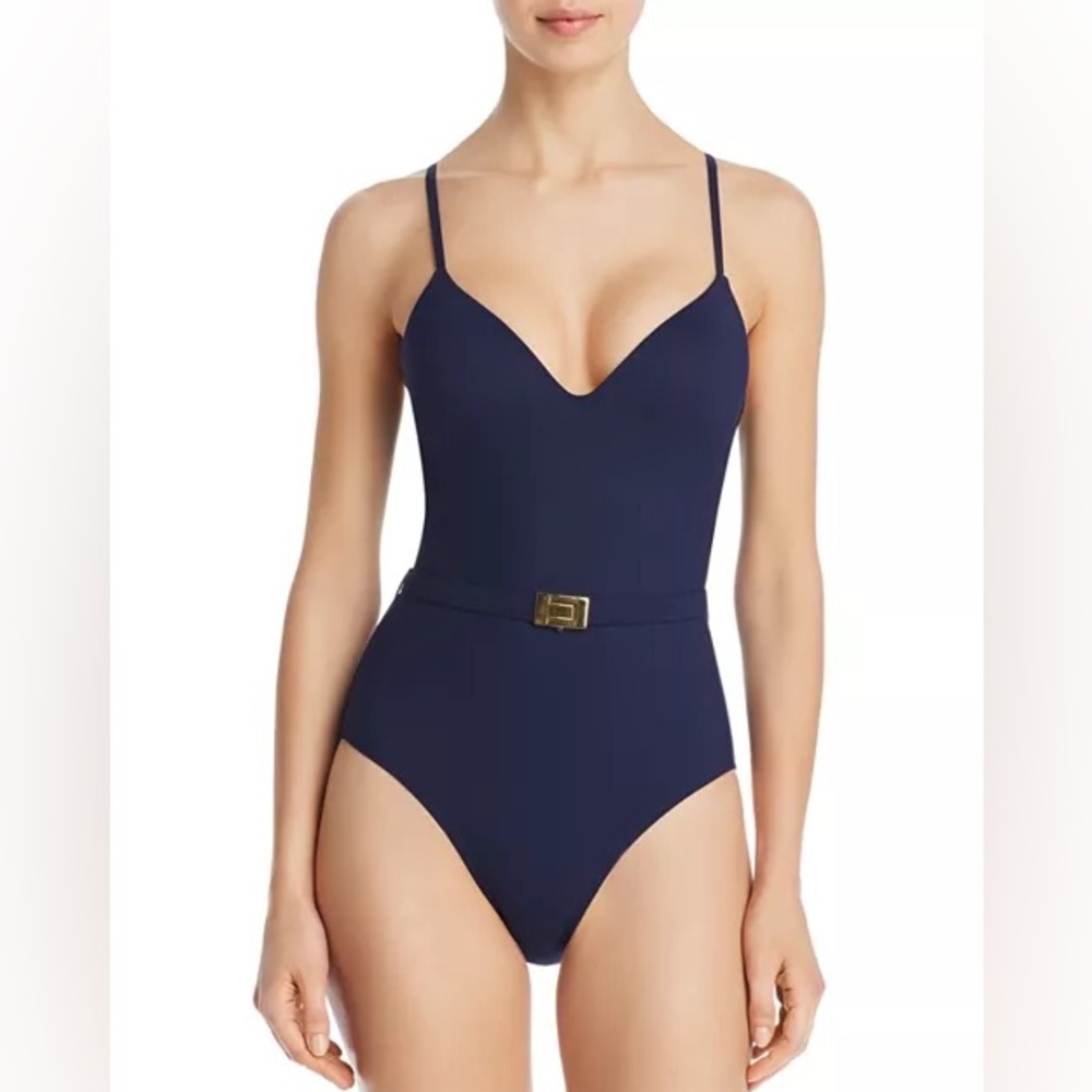 Tory Burch T-Belt One Piece Swimsuit Navy Blue Size L NWT Vacation Resort Preppy